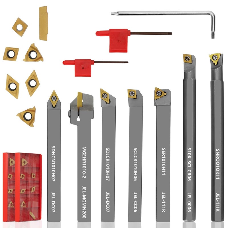 Joogto Indexable Lathe Turning Tool 21Pcs Kit 3/8'' 10mm Shank 7Pcs Metal Lathe Tools Holder Set & 14Pcs Turning Inserts for Turning Grooving Threading Boring, Lathe Tooling Ideal as Gift with Aluminum Box - Image 2